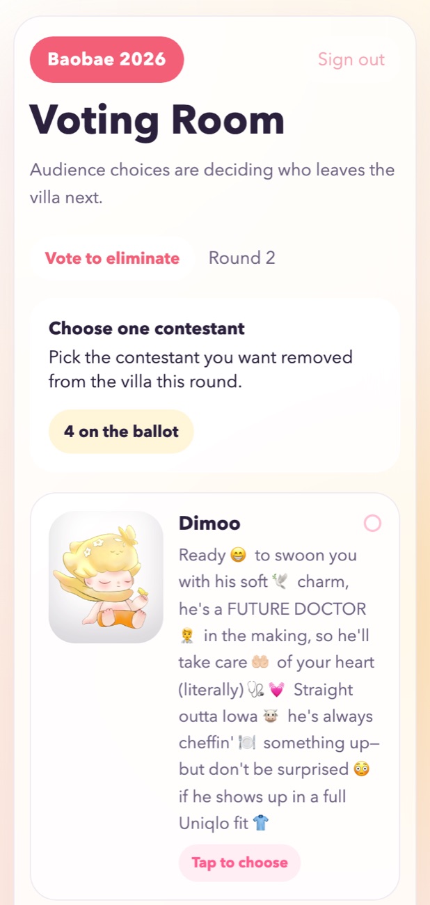 Bao-bae Round 2 elimination ballot on a phone