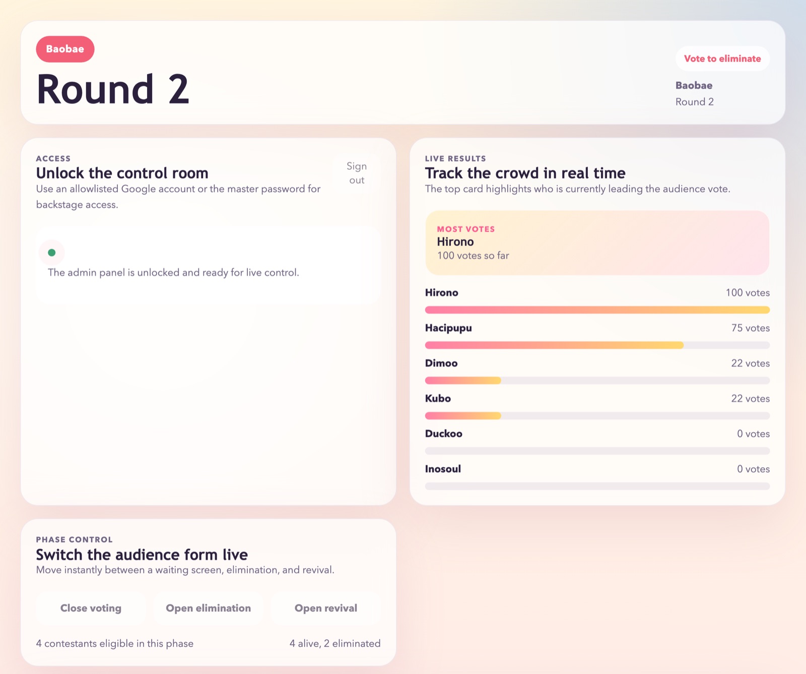 Bao-bae production dashboard with live vote totals