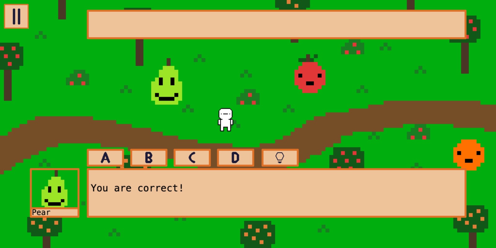 Nue-Trivia game frame with the Pear character